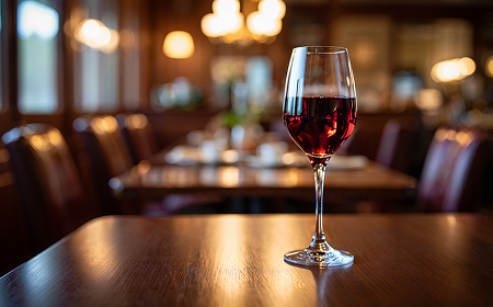 Бокал красного вина на деревянном столе в ресторане
